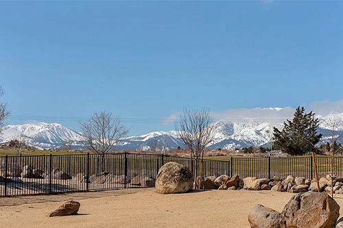 Backyard dirt landscape with a scenery of the snowy mountains view