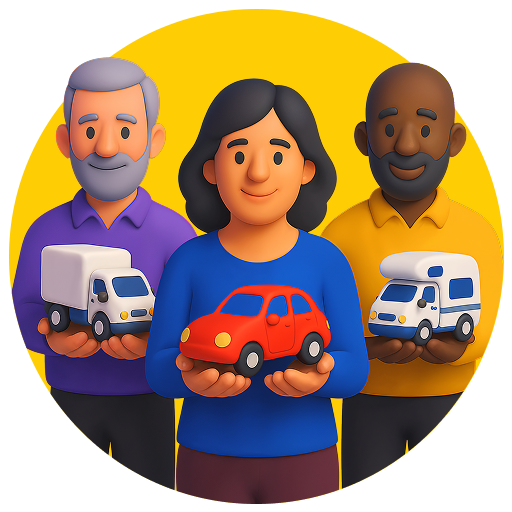 Three people holding car models