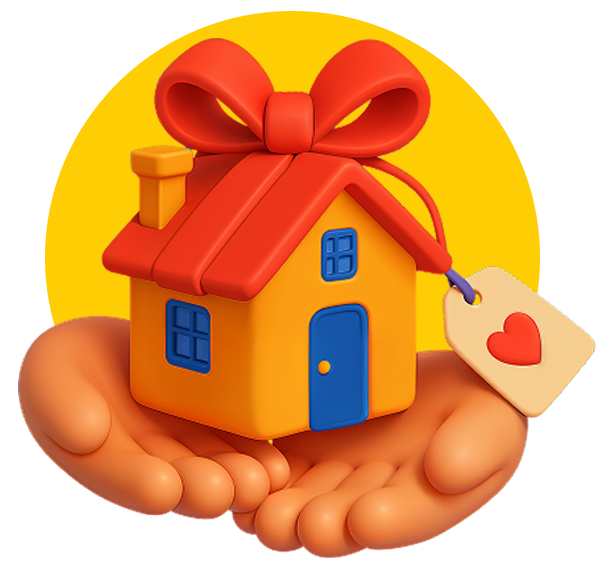 Illustration of a house with a gift box wrapped in a red ribbon