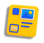 Icon representing marketing materials with logo, image placeholder, and text on yellow background